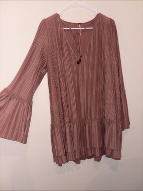 Free People Dusty Rose Pleated Long Sleeve Midi Dress